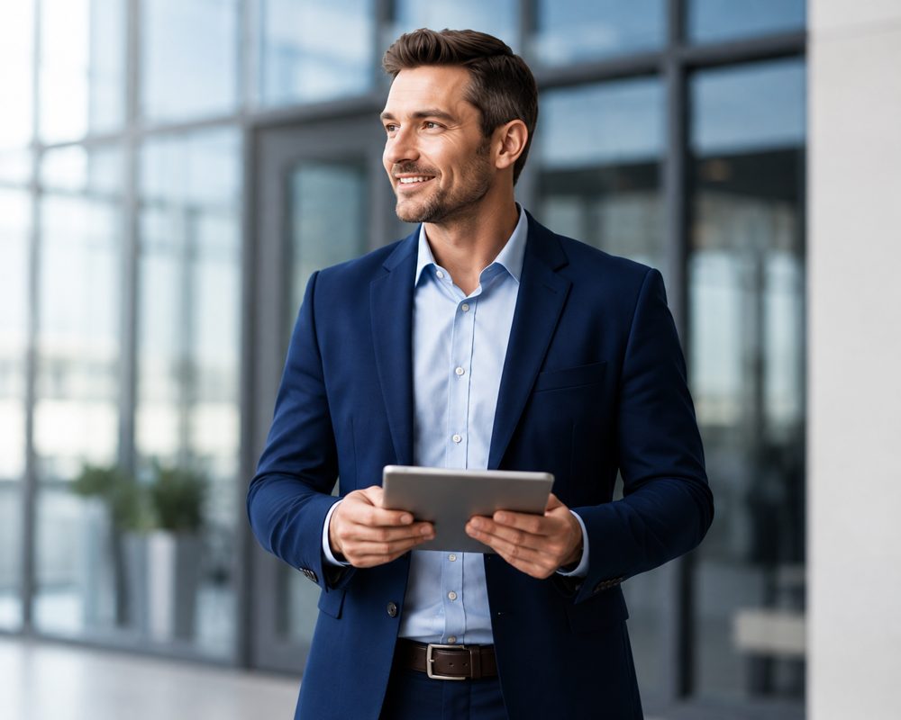 Smiling businessman in navy suit holding a tablet